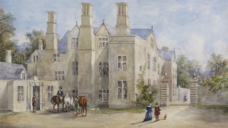 Watercolour of a manor house with people and horses